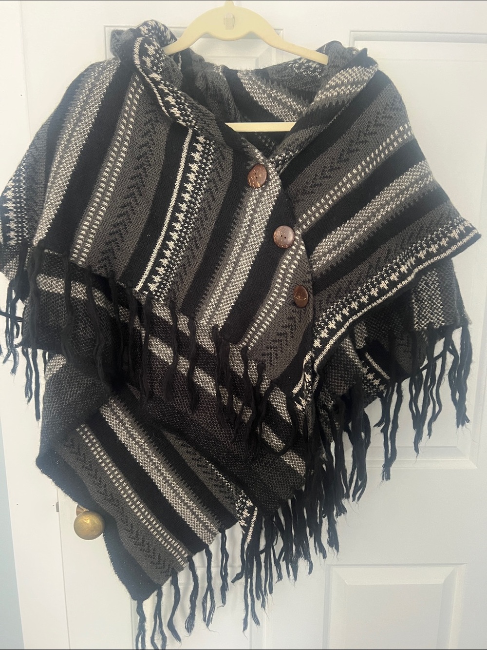 Women's Black and Gray Striped Knit Poncho Sweater